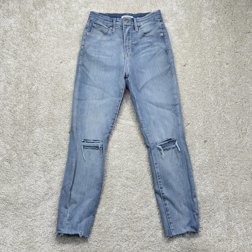 Good American Good Waist Jeans Womens 4/27 Blue High Rise Skinny Distressed Hem